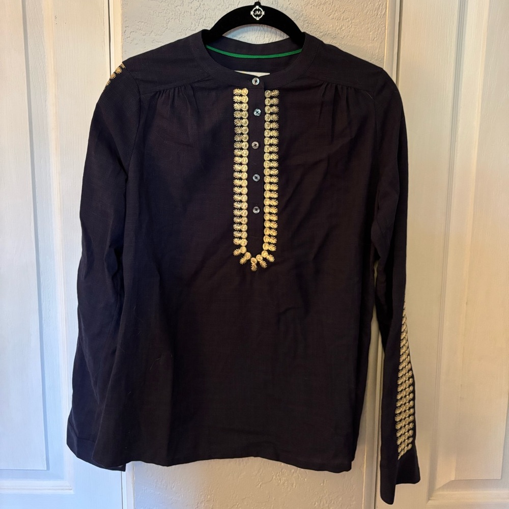 NWT Boden Navy Blue Gold Embroidered Popover Blouse Size US 4